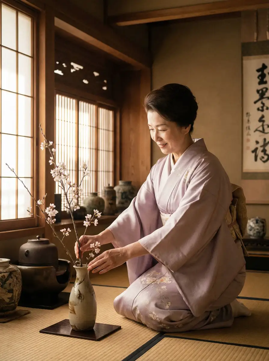 一位优雅的 私密直播全婐app 在和室中插花